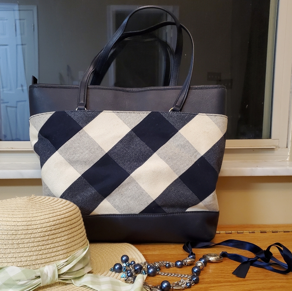 Navy & White checkered tote
